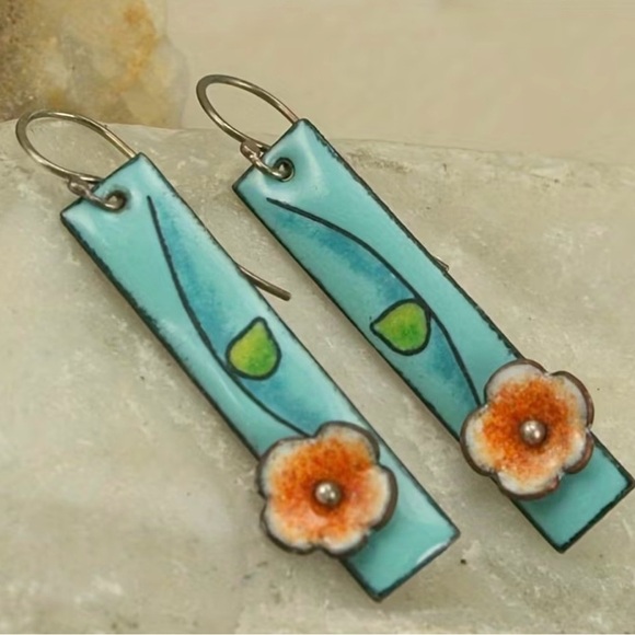Jewelry - Blue Floral Enamel Bar Dangle Earrings NWOT